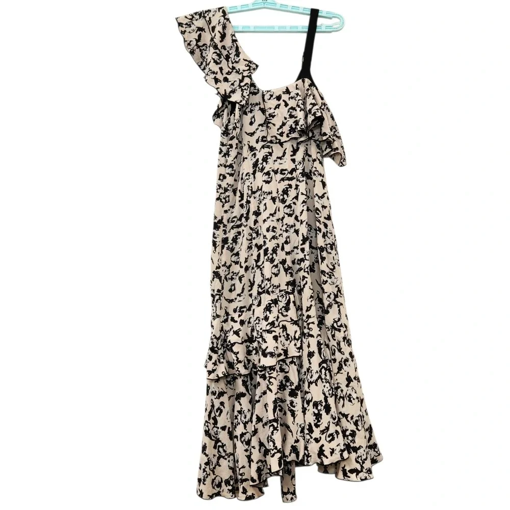 PROENZA SCHOULER Size 6 Scribble Rose Ruffle Midi Floral Asymmetrical 100% Silk